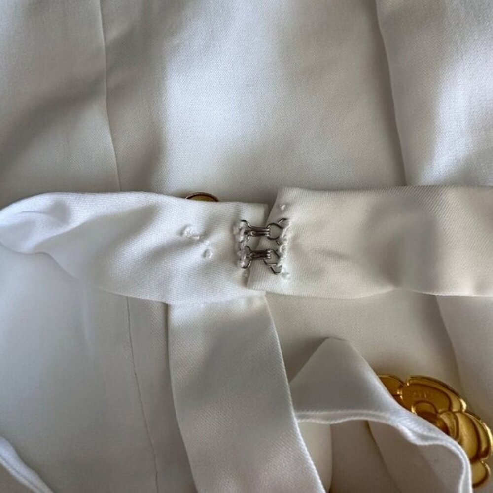 White Sleeveless Mini Dress With Gold Floral Buttons & Open Back Design - Picture 10 of 11